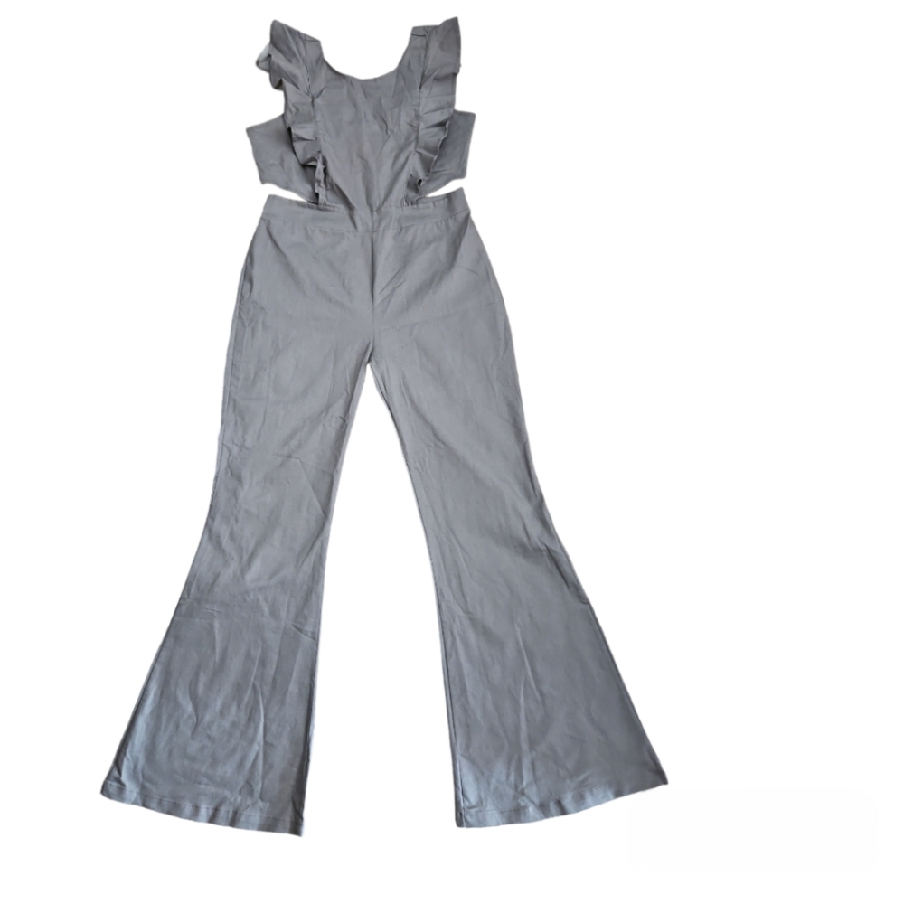 Women's Flutter Ruffle Trim Cutout Waist Jumpsuit Gray